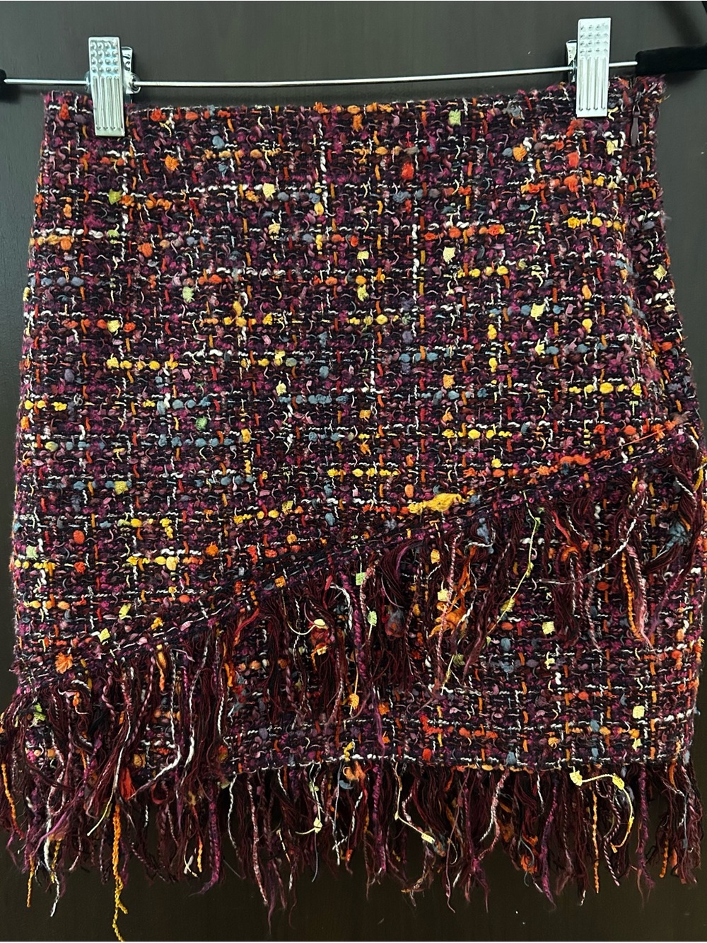 Zara Burgundy Multi Tweed Fringe Mini Skirt
